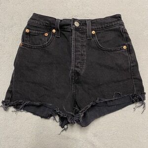 Levi's Ribcage Shorts Womens 24 Black Denim Retro Button Fly Cut Off Premium